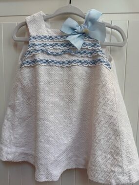 Que White Dress with Light Blue Trim and Bow Spanish brand